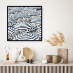 Shop Dark Blue Beach Umbrellas (Square) Canvas Print a coastal themed painted framed canvas wall art print from The Print Emporium artwork collection - Buy Australian made fine art painting style stretched canvas prints for the home and your interior decor space, TPE-434-CA-40X40-NF
