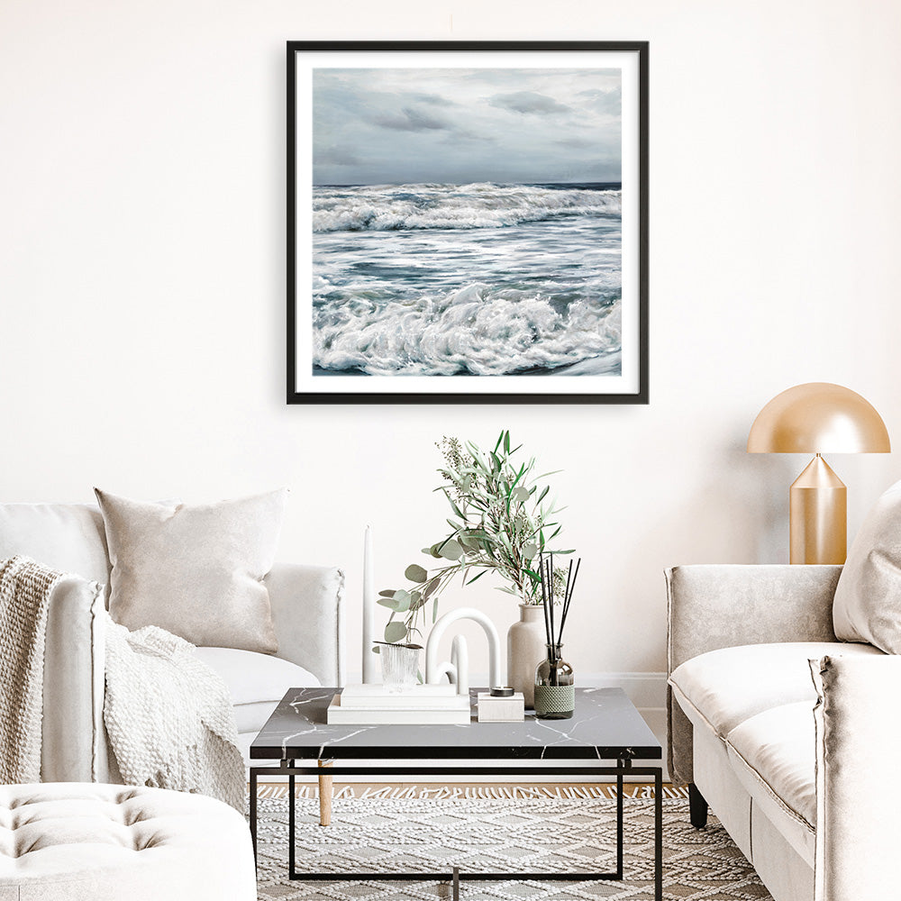 Shop Evening Swell (Square) Art Print a coastal themed painted wall art print from The Print Emporium wall artwork collection - Buy Australian made fine art painting style poster and framed prints for the home and your interior decor room, TPE-139-AP
