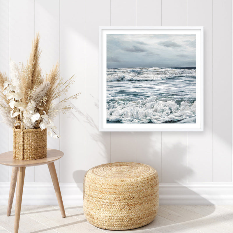 Shop Evening Swell (Square) Art Print a coastal themed painted wall art print from The Print Emporium wall artwork collection - Buy Australian made fine art painting style poster and framed prints for the home and your interior decor room, TPE-139-AP