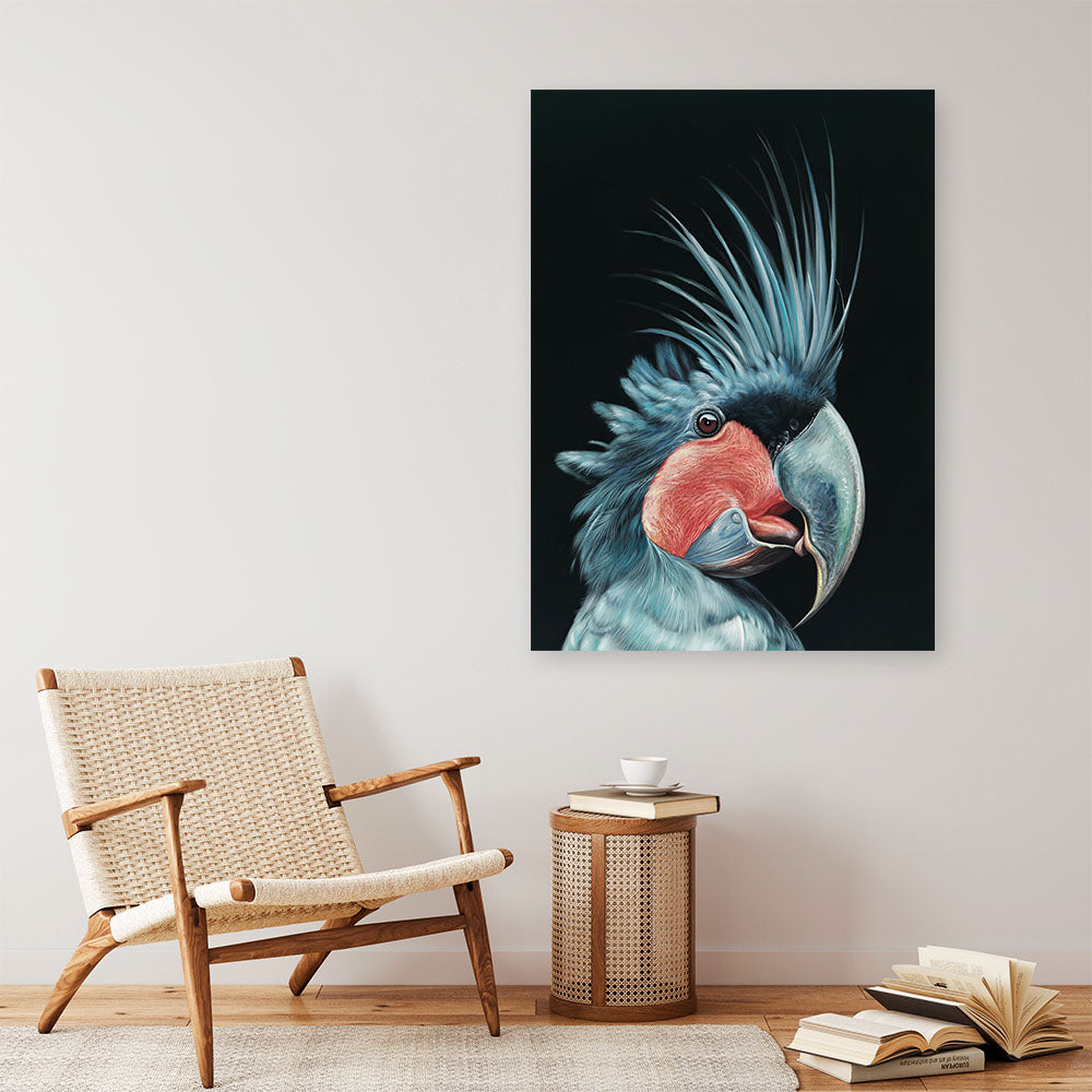 Shop Frankie The Palm Cockatoo Canvas Print a painted bird themed framed canvas wall art print from The Print Emporium artwork collection - Buy Australian made fine art painting style stretched canvas prints for the home and your interior decor space, TPE-217-CA-35X46-NF