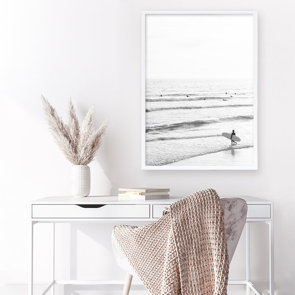 Shop Going Surfing B&W Photo Art Print a coastal themed photography wall art print from The Print Emporium wall artwork collection - Buy Australian made fine art poster and framed prints for the home and your interior decor, TPE-1159-AP