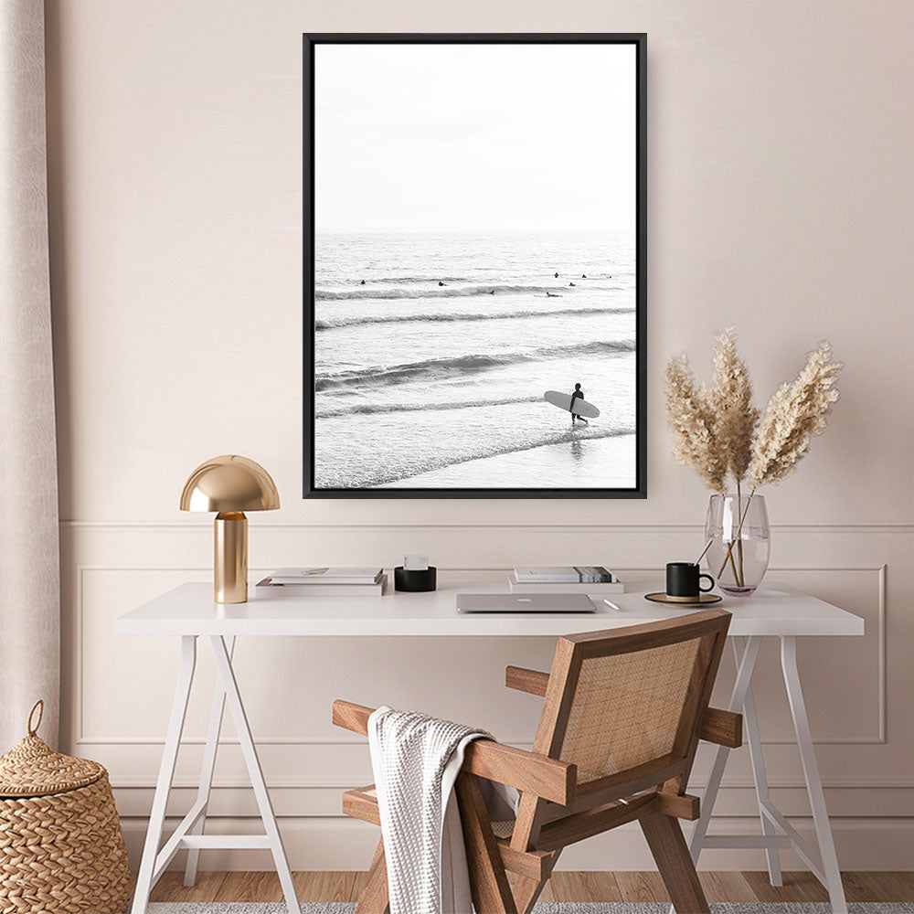 Shop Going Surfing B&W Photo Canvas Print a coastal themed photography framed stretched canvas print from The Print Emporium wall artwork collection - Buy Australian made prints for the home and your interior decor space, TPE-1159-CA-35X46-NF