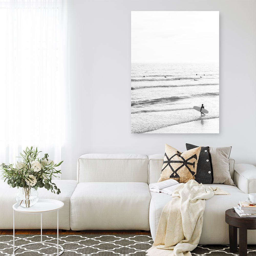 Shop Going Surfing B&W Photo Canvas Print a coastal themed photography framed stretched canvas print from The Print Emporium wall artwork collection - Buy Australian made prints for the home and your interior decor space, TPE-1159-CA-35X46-NF