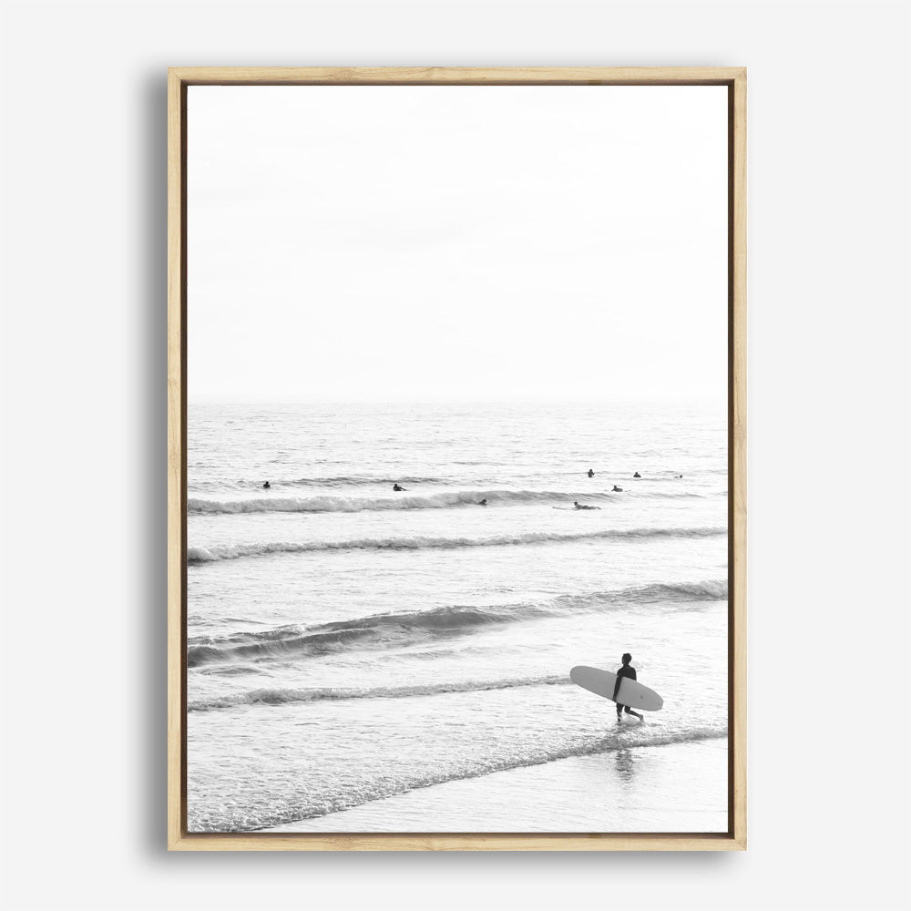 Shop Going Surfing B&W Photo Canvas Print a coastal themed photography framed stretched canvas print from The Print Emporium wall artwork collection - Buy Australian made prints for the home and your interior decor space, TPE-1159-CA-35X46-NF