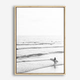 Shop Going Surfing B&W Photo Canvas Print a coastal themed photography framed stretched canvas print from The Print Emporium wall artwork collection - Buy Australian made prints for the home and your interior decor space, TPE-1159-CA-35X46-NF