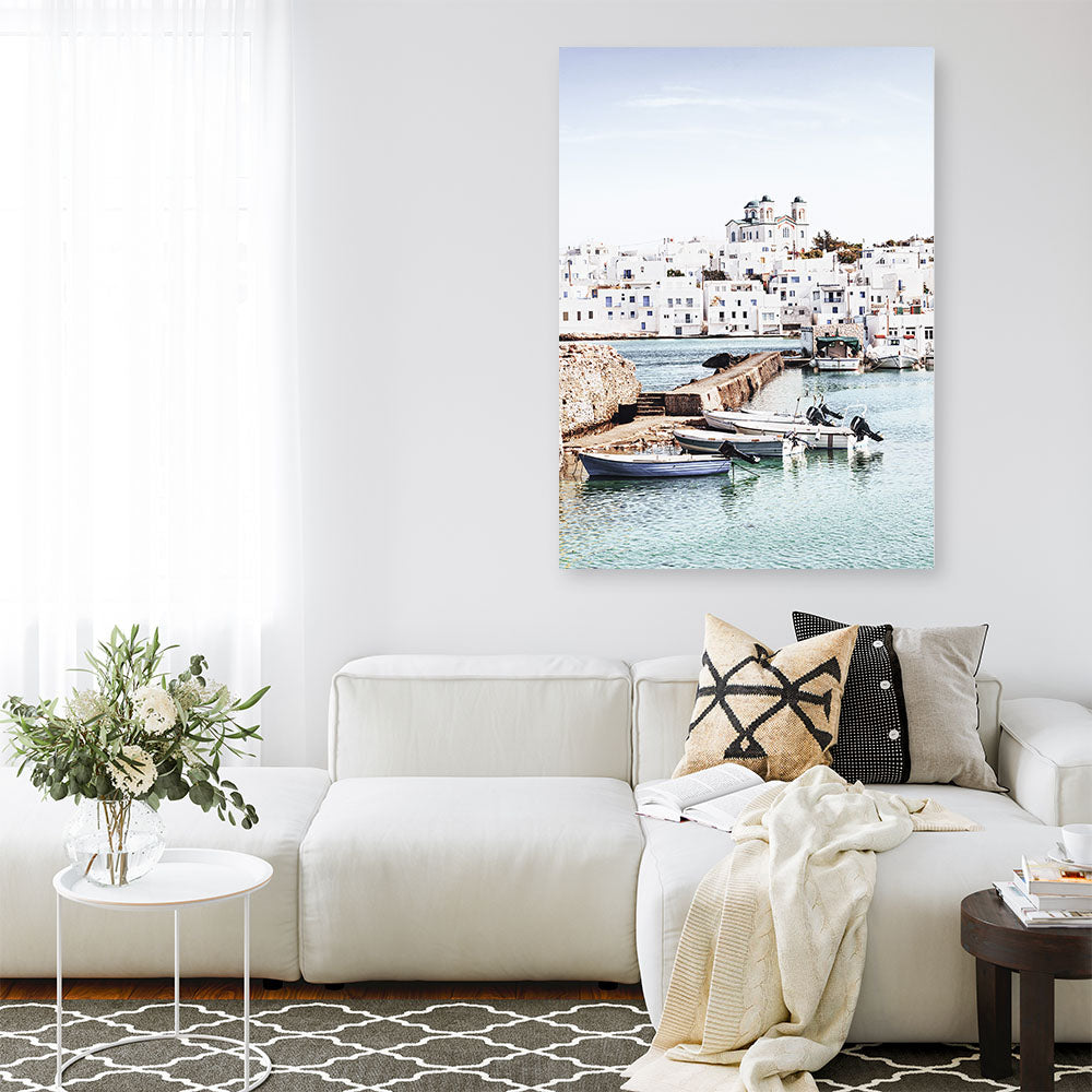 Shop Grecian Port I Photo Canvas Print a coastal themed photography framed stretched canvas print from The Print Emporium wall artwork collection - Buy Australian made prints for the home and your interior decor space, TPE-1198-CA-35X46-NF
