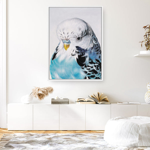 Shop Henry The Budgerigar Canvas Print a painted bird themed framed canvas wall art print from The Print Emporium artwork collection - Buy Australian made fine art painting style stretched canvas prints for the home and your interior decor space, TPE-177-CA-35X46-NF