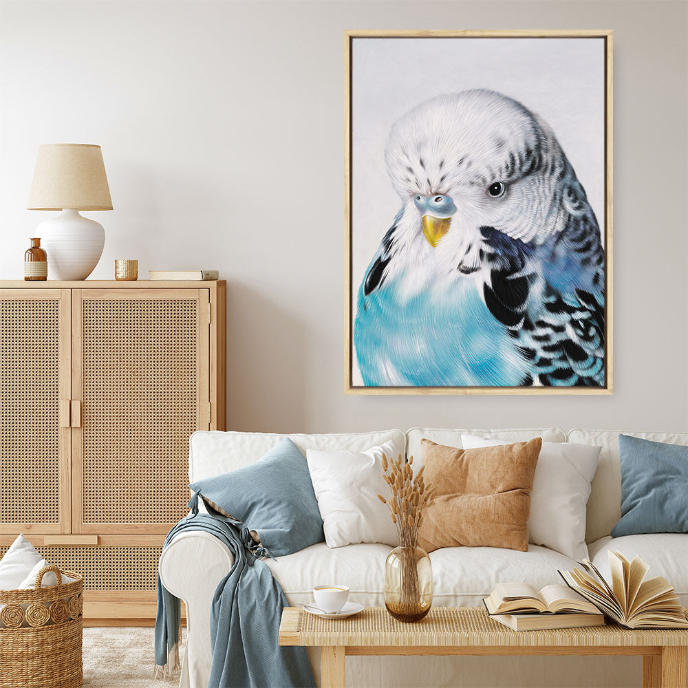 Shop Henry The Budgerigar Canvas Print a painted bird themed framed canvas wall art print from The Print Emporium artwork collection - Buy Australian made fine art painting style stretched canvas prints for the home and your interior decor space, TPE-177-CA-35X46-NF
