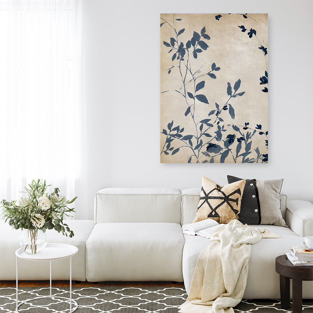 Shop Indigo Leaves Touch I Canvas Print a painted abstract themed framed canvas wall art print from The Print Emporium artwork collection - Buy Australian made fine art painting style stretched canvas prints for the home and your interior decor space, TPE-PC-EZ861-CA-35X46-NF