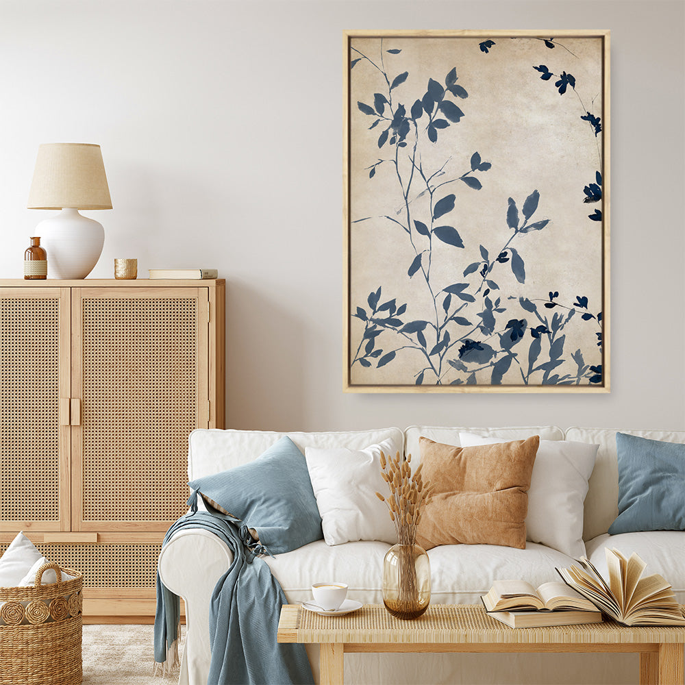 Shop Indigo Leaves Touch I Canvas Print a painted abstract themed framed canvas wall art print from The Print Emporium artwork collection - Buy Australian made fine art painting style stretched canvas prints for the home and your interior decor space, TPE-PC-EZ861-CA-35X46-NF