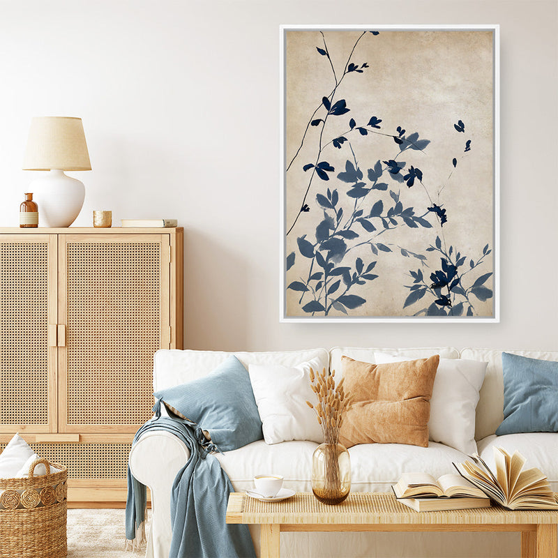 Shop Indigo Leaves Touch II Canvas Print a painted abstract themed framed canvas wall art print from The Print Emporium artwork collection - Buy Australian made fine art painting style stretched canvas prints for the home and your interior decor space, TPE-PC-EZ862-CA-35X46-NF