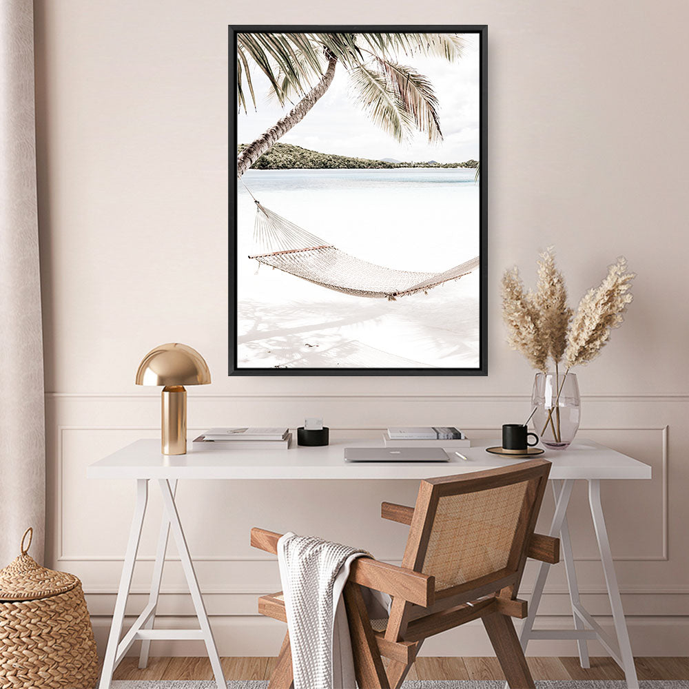 Shop Island Hammock Photo Canvas Print a coastal themed photography framed stretched canvas print from The Print Emporium wall artwork collection - Buy Australian made prints for the home and your interior decor space, TPE-685-CA-35X46-NF