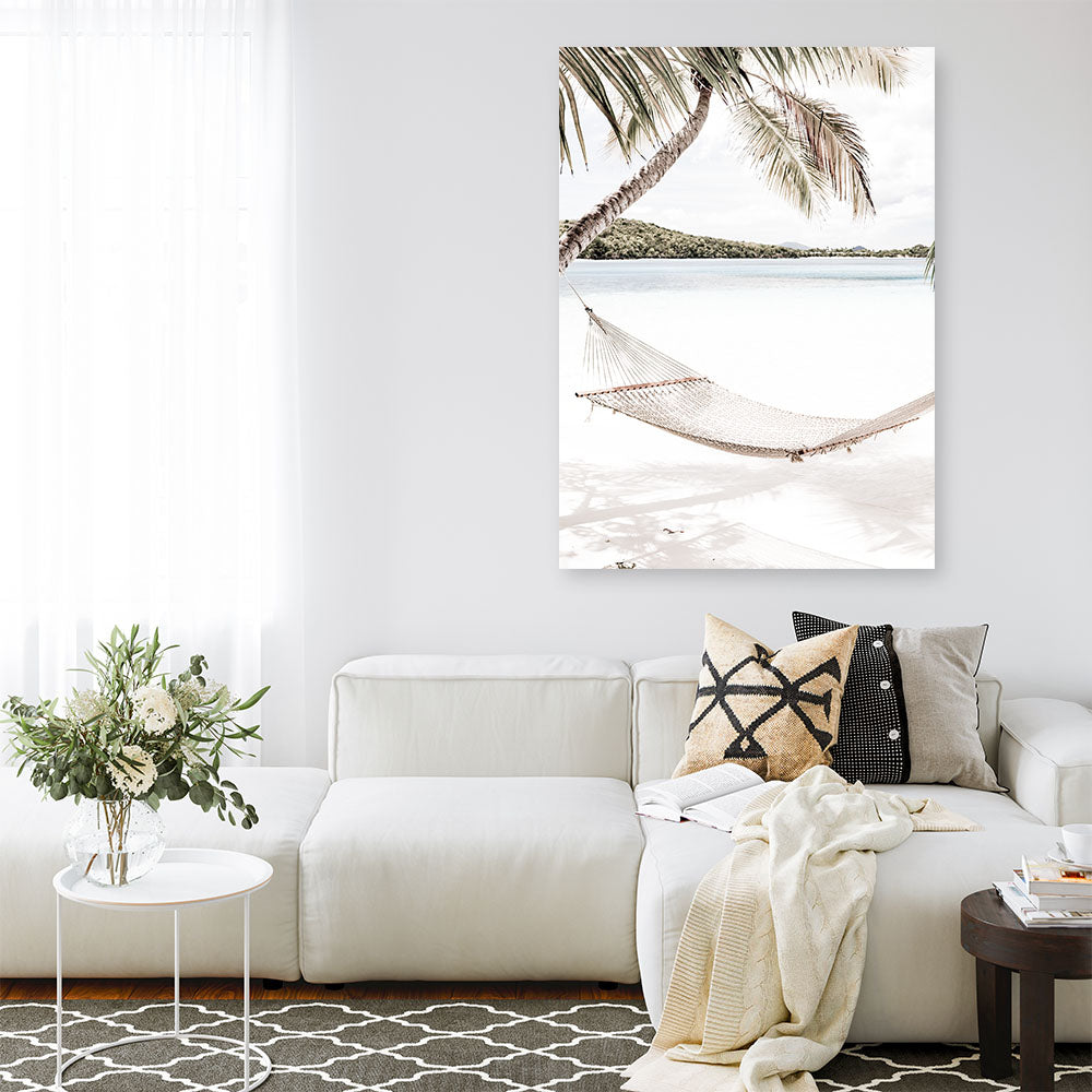 Shop Island Hammock Photo Canvas Print a coastal themed photography framed stretched canvas print from The Print Emporium wall artwork collection - Buy Australian made prints for the home and your interior decor space, TPE-685-CA-35X46-NF