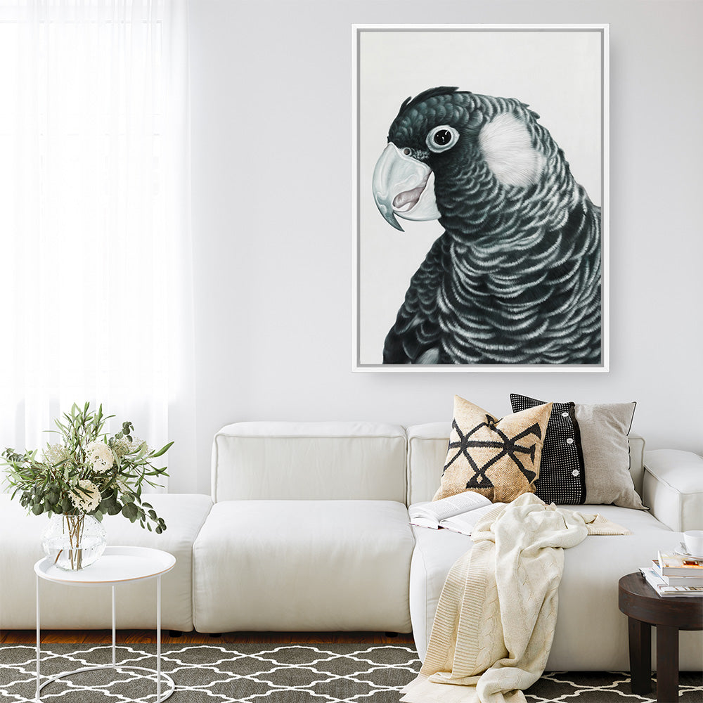 Shop Jimmy The Black Cockatoo Canvas Print a painted bird themed framed canvas wall art print from The Print Emporium artwork collection - Buy Australian made fine art painting style stretched canvas prints for the home and your interior decor space, TPE-228-CA-35X46-NF