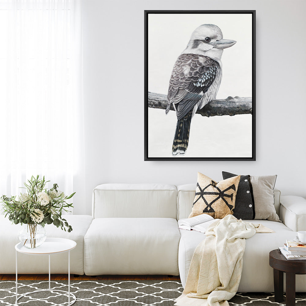Shop Kookaburra On A Branch Canvas Print a painted bird themed framed canvas wall art print from The Print Emporium artwork collection - Buy Australian made fine art painting style stretched canvas prints for the home and your interior decor space, TPE-389-CA-35X46-NF