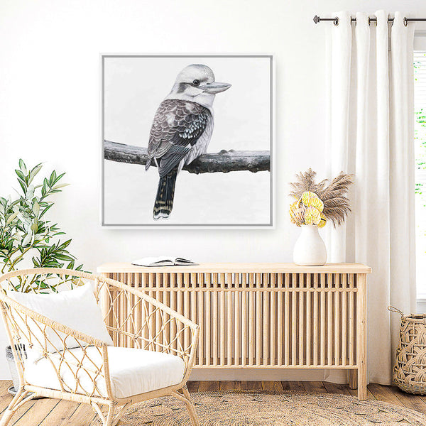 Shop Kookaburra On A Branch (Square) Canvas Print a painted bird themed framed canvas wall art print from The Print Emporium artwork collection - Buy Australian made fine art painting style stretched canvas prints for the home and your interior decor space, TPE-388-CA-40X40-NF