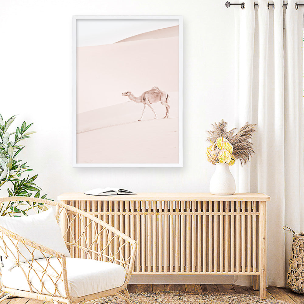 Shop Lone Camel II Photo Art Print a Moroccan desert boho themed photography wall art print from The Print Emporium wall artwork collection - Buy Australian made fine art poster and framed prints for the home and your interior decor room, TPE-829-AP