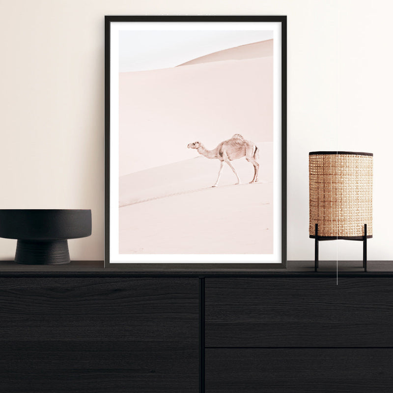Shop Lone Camel II Photo Art Print a Moroccan desert boho themed photography wall art print from The Print Emporium wall artwork collection - Buy Australian made fine art poster and framed prints for the home and your interior decor room, TPE-829-AP