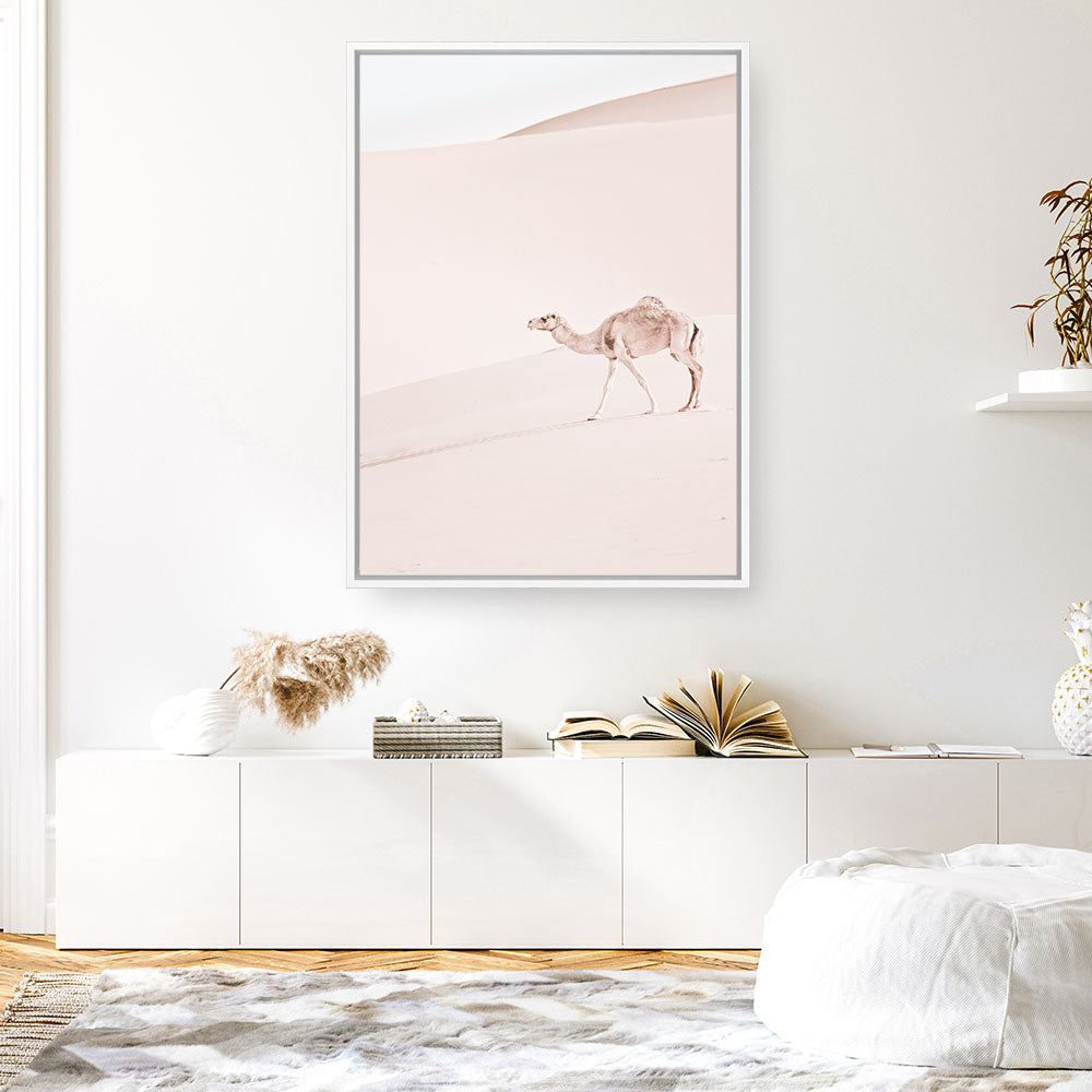 Shop Lone Camel II Photo Canvas Print a Moroccan desert boho themed photography framed stretched canvas print from The Print Emporium wall artwork collection - Buy Australian made prints for the home and your interior decor space, TPE-829-CA-35X46-NF