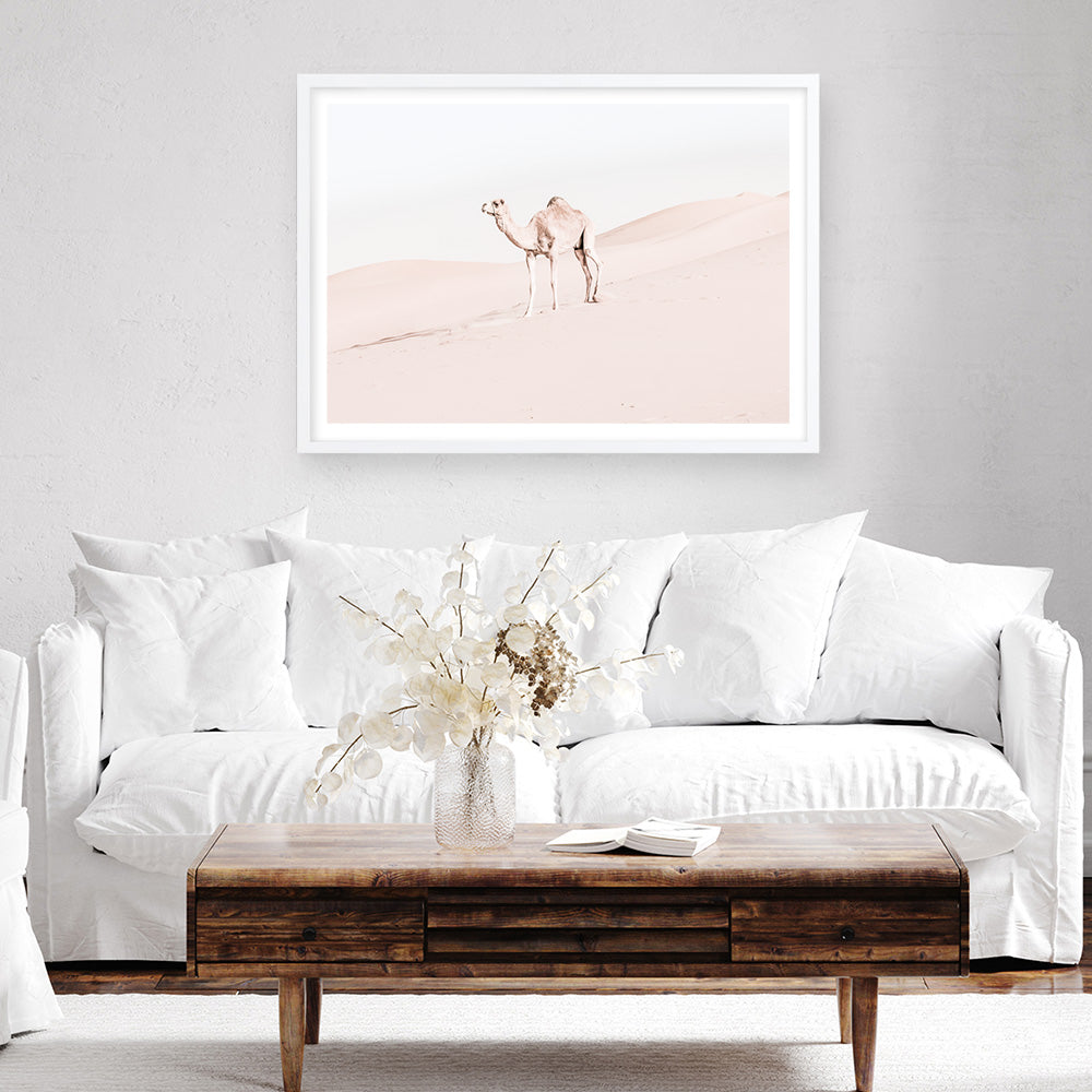 Shop Lone Camel Photo Art Print a Moroccan desert boho themed photography wall art print from The Print Emporium wall artwork collection - Buy Australian made fine art poster and framed prints for the home and your interior decor room, TPE-828-AP
