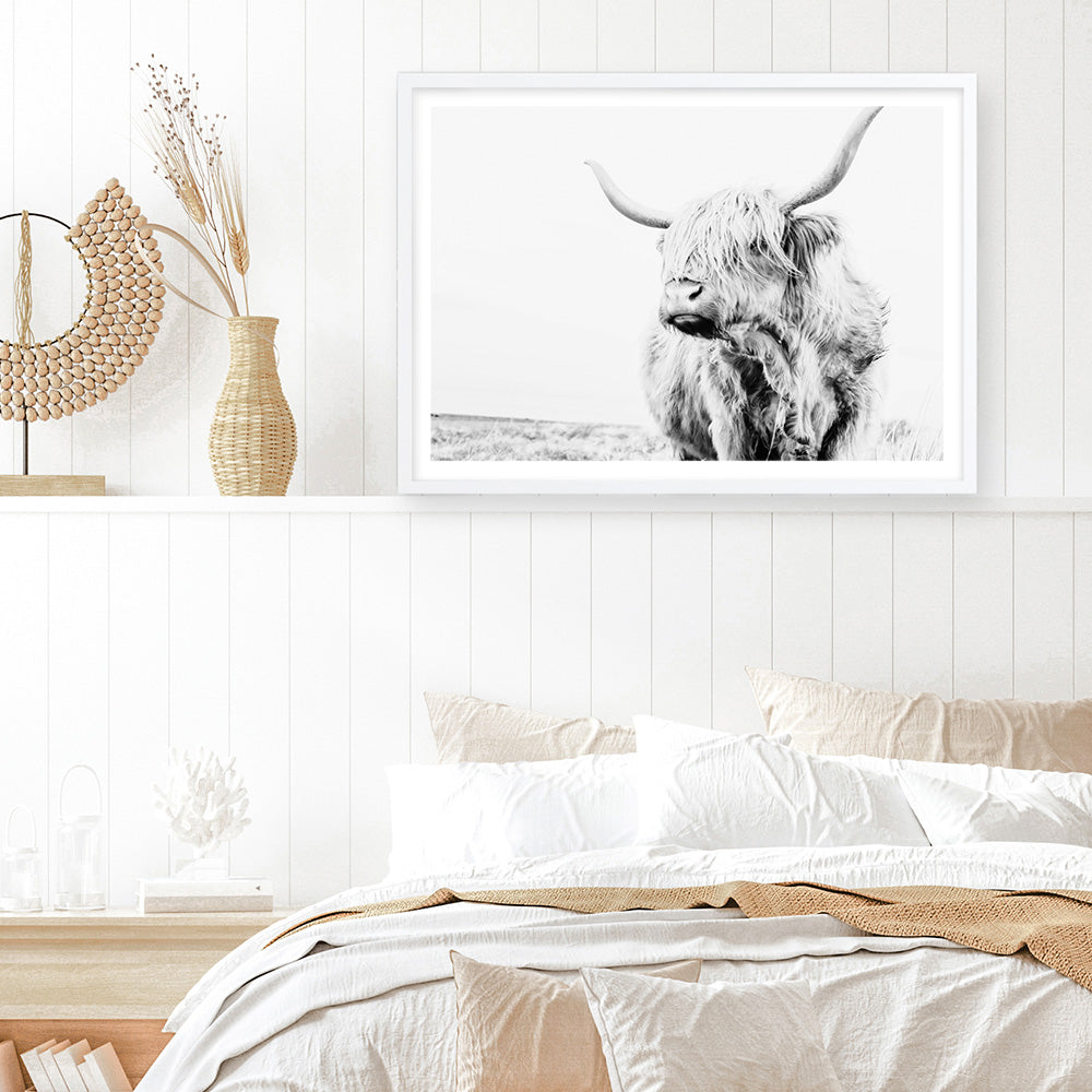 Shop Lone Highland Cow B&W Photo Art Print a photography wall art print from The Print Emporium wall artwork collection - Buy Australian made fine art poster and framed prints for the home and your interior decor room, TPE-536-AP
