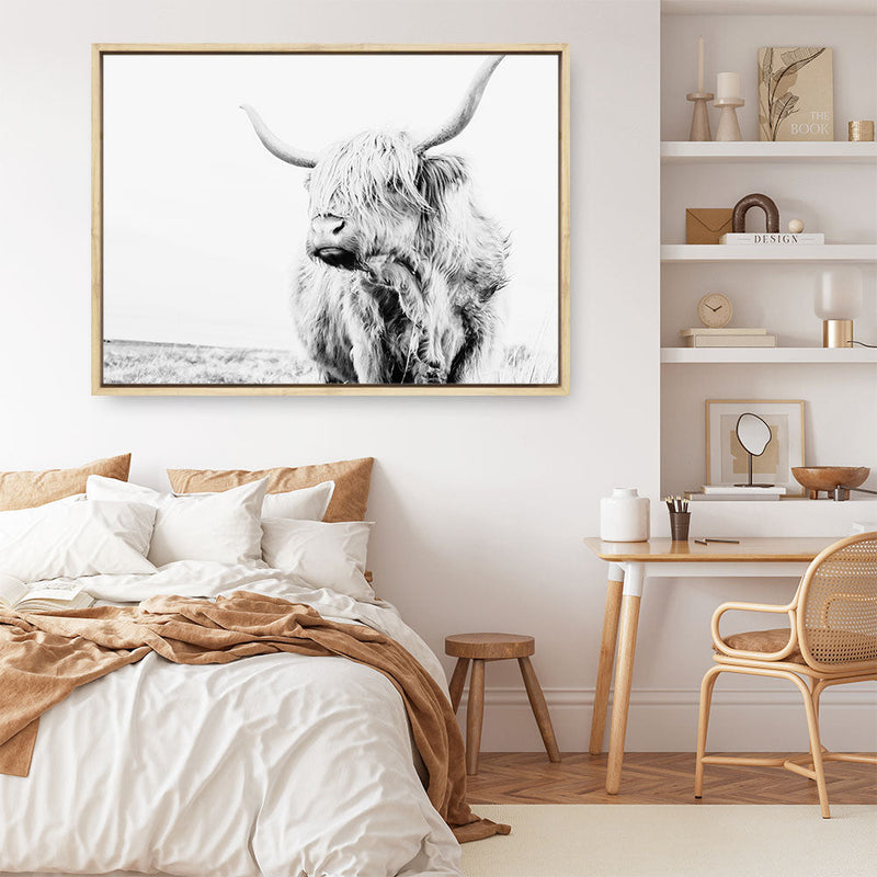 Shop Lone Highland Cow B&W Photo Canvas Print a photography framed stretched canvas print from The Print Emporium wall artwork collection - Buy Australian made prints for the home and your interior decor space, TPE-536-CA-35X46-NF
