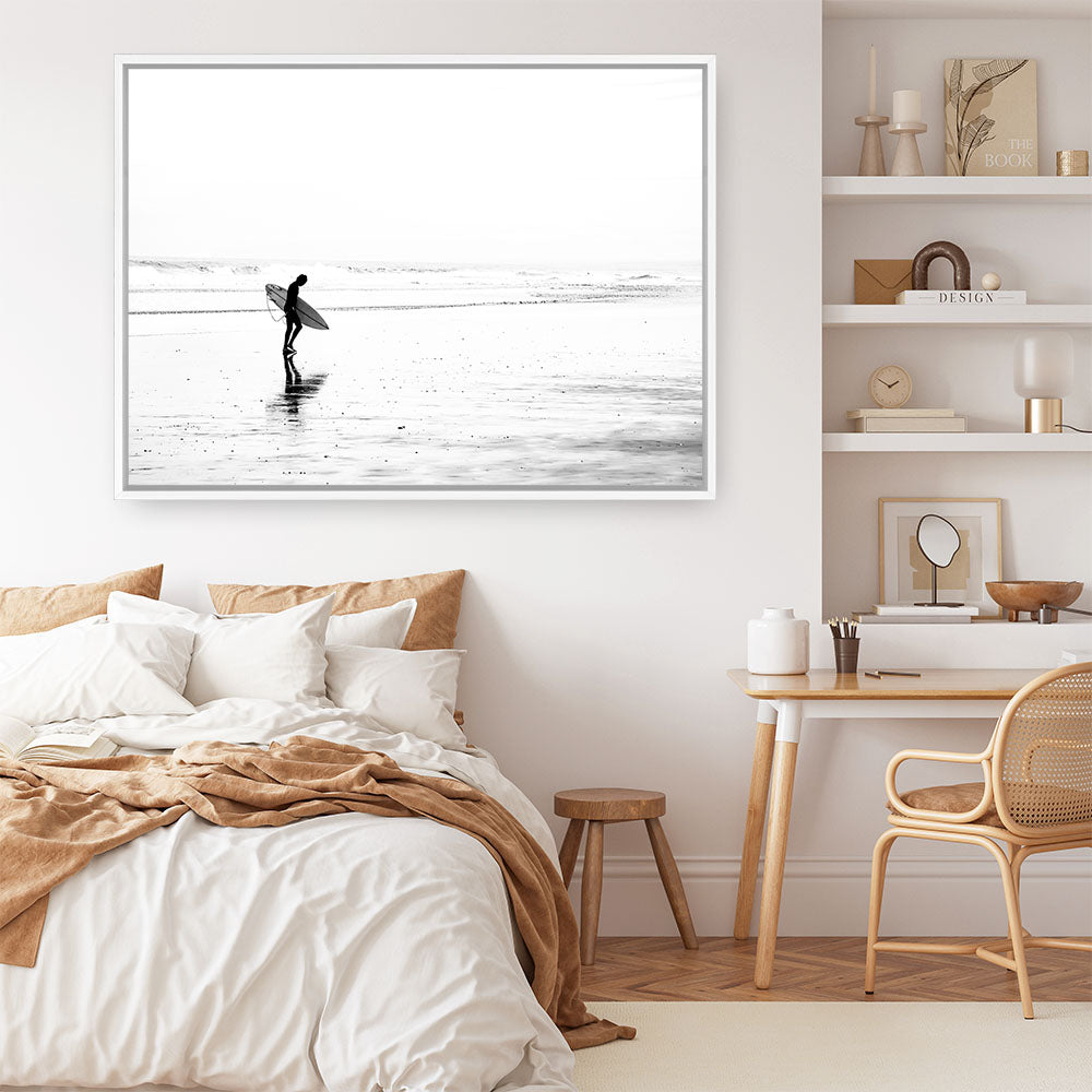 Shop Lone Surfer Photo Canvas Print a coastal themed photography framed stretched canvas print from The Print Emporium wall artwork collection - Buy Australian made prints for the home and your interior decor space, TPE-554-CA-35X46-NF