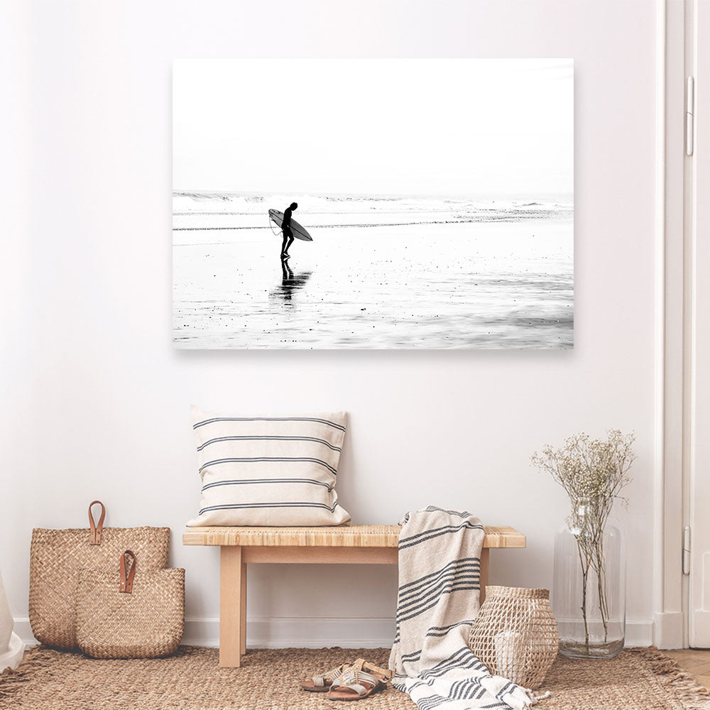 Shop Lone Surfer Photo Canvas Print a coastal themed photography framed stretched canvas print from The Print Emporium wall artwork collection - Buy Australian made prints for the home and your interior decor space, TPE-554-CA-35X46-NF