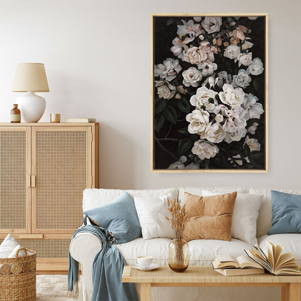 Shop Midnight Garden Canvas Print a floral themed painted framed canvas wall art print from The Print Emporium artwork collection - Buy Australian made fine art painting style stretched canvas prints for the home and your interior decor space, TPE-014-CA-35X46-NF