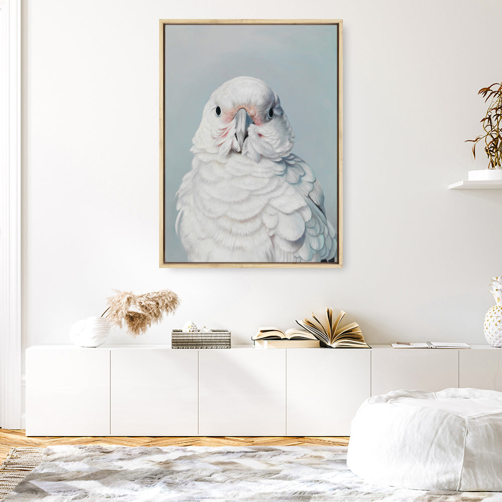 Shop Milly The Umbrella Cockatoo Canvas Print a painted bird themed framed canvas wall art print from The Print Emporium artwork collection - Buy Australian made fine art painting style stretched canvas prints for the home and your interior decor space, TPE-202-CA-35X46-NF