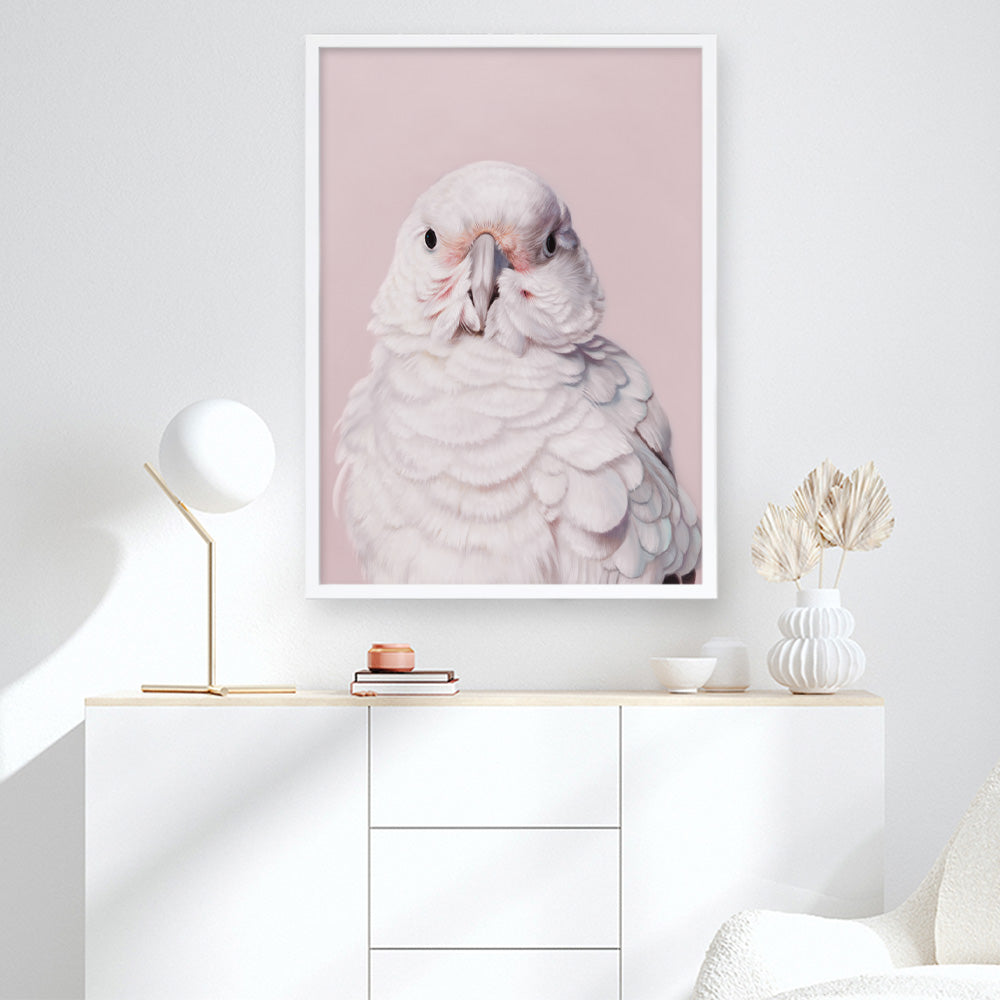 Shop Milly The Umbrella Cockatoo - Pink Art Print a painted bird themed wall art print from The Print Emporium wall artwork collection - Buy Australian made fine art painting style poster and framed prints for the home and your interior decor room, TPE-244-AP