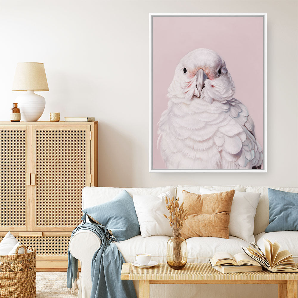 Shop Milly The Umbrella Cockatoo - Pink Canvas Print a painted bird themed framed canvas wall art print from The Print Emporium artwork collection - Buy Australian made fine art painting style stretched canvas prints for the home and your interior decor space, TPE-244-CA-35X46-NF