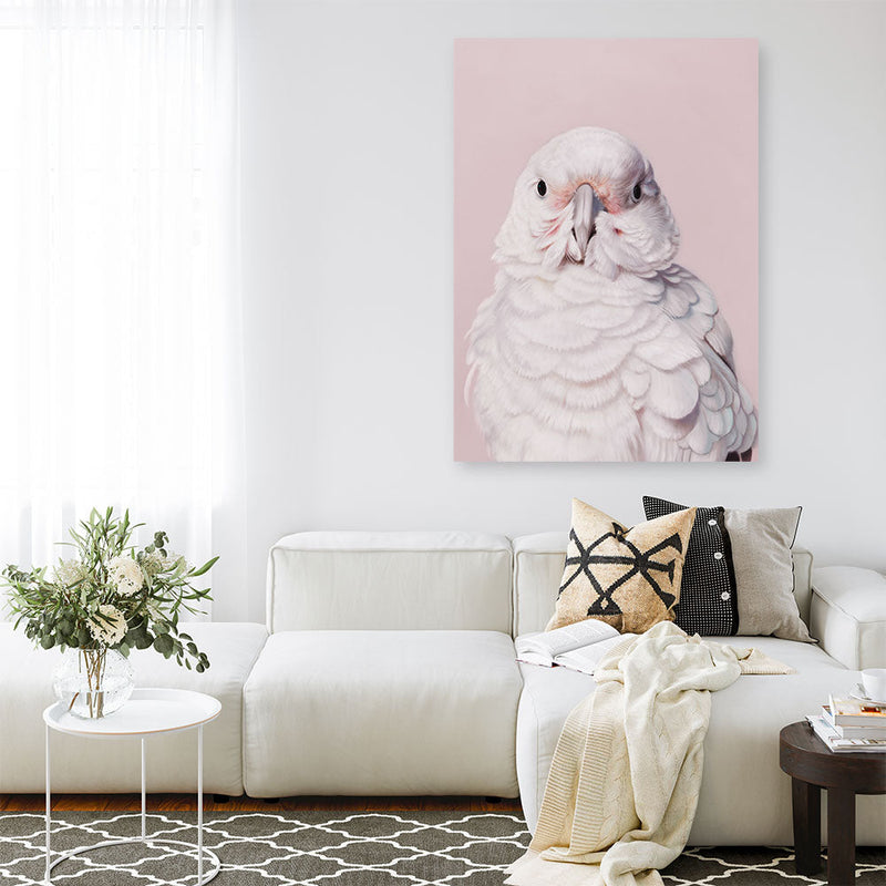 Shop Milly The Umbrella Cockatoo - Pink Canvas Print a painted bird themed framed canvas wall art print from The Print Emporium artwork collection - Buy Australian made fine art painting style stretched canvas prints for the home and your interior decor space, TPE-244-CA-35X46-NF