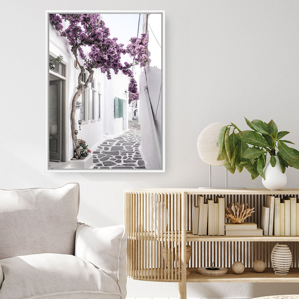 Shop Mykonos Laneway II Photo Canvas Print a coastal themed photography framed stretched canvas print from The Print Emporium wall artwork collection - Buy Australian made prints for the home and your interior decor space, TPE-1165-CA-35X46-NF