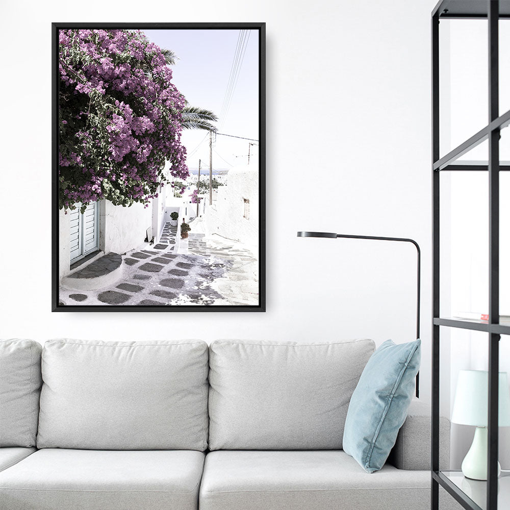 Shop Mykonos Laneway Photo Canvas Print a coastal themed photography framed stretched canvas print from The Print Emporium wall artwork collection - Buy Australian made prints for the home and your interior decor space, TPE-1167-CA-35X46-NF