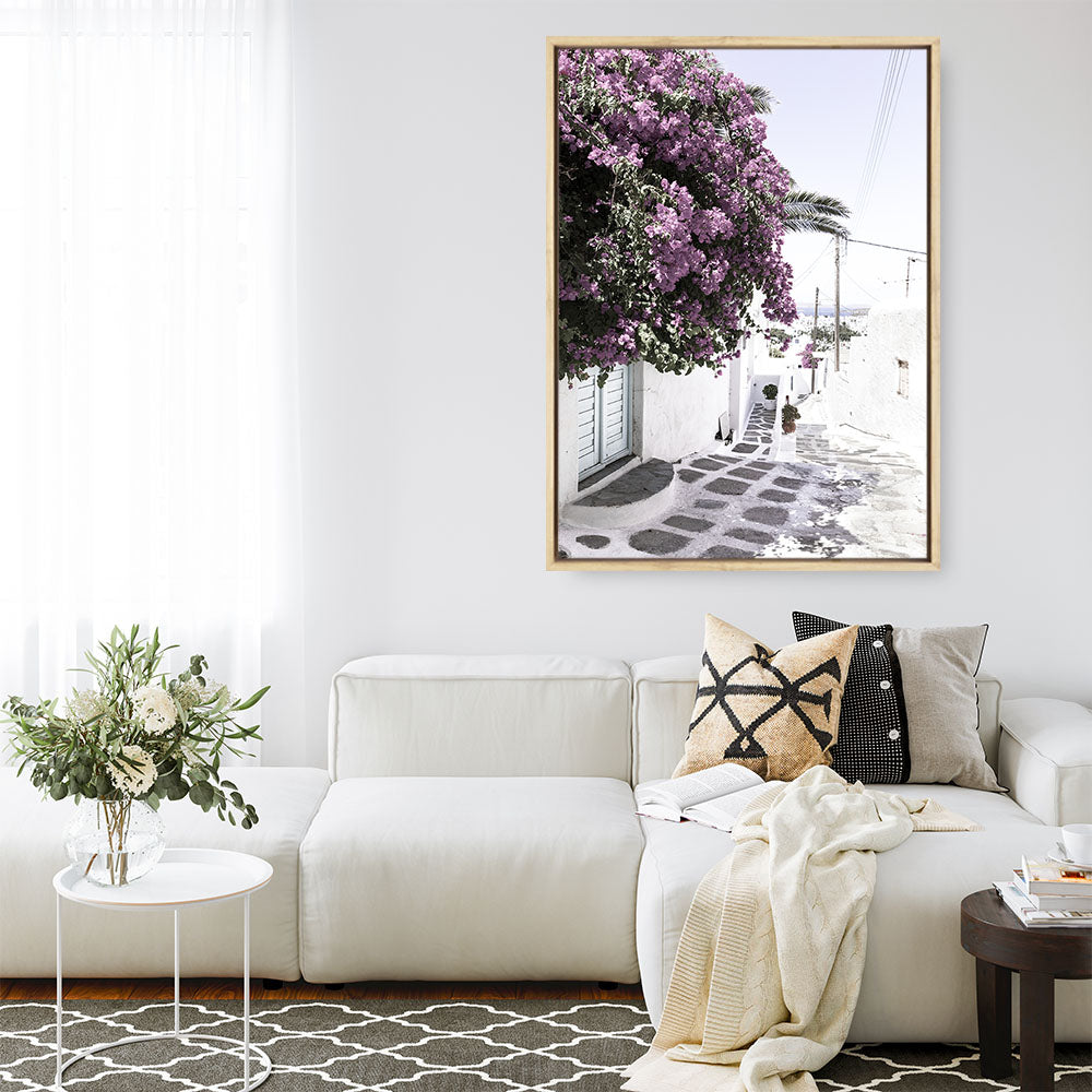 Shop Mykonos Laneway Photo Canvas Print a coastal themed photography framed stretched canvas print from The Print Emporium wall artwork collection - Buy Australian made prints for the home and your interior decor space, TPE-1167-CA-35X46-NF