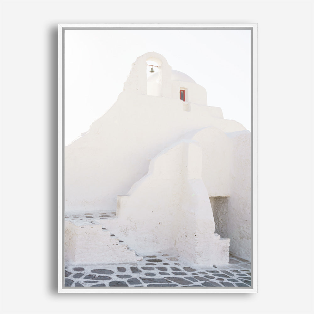 Shop Mykonos White Church Photo Canvas Print a coastal themed photography framed stretched canvas print from The Print Emporium wall artwork collection - Buy Australian made prints for the home and your interior decor space, TPE-1344-CA-35X46-NF