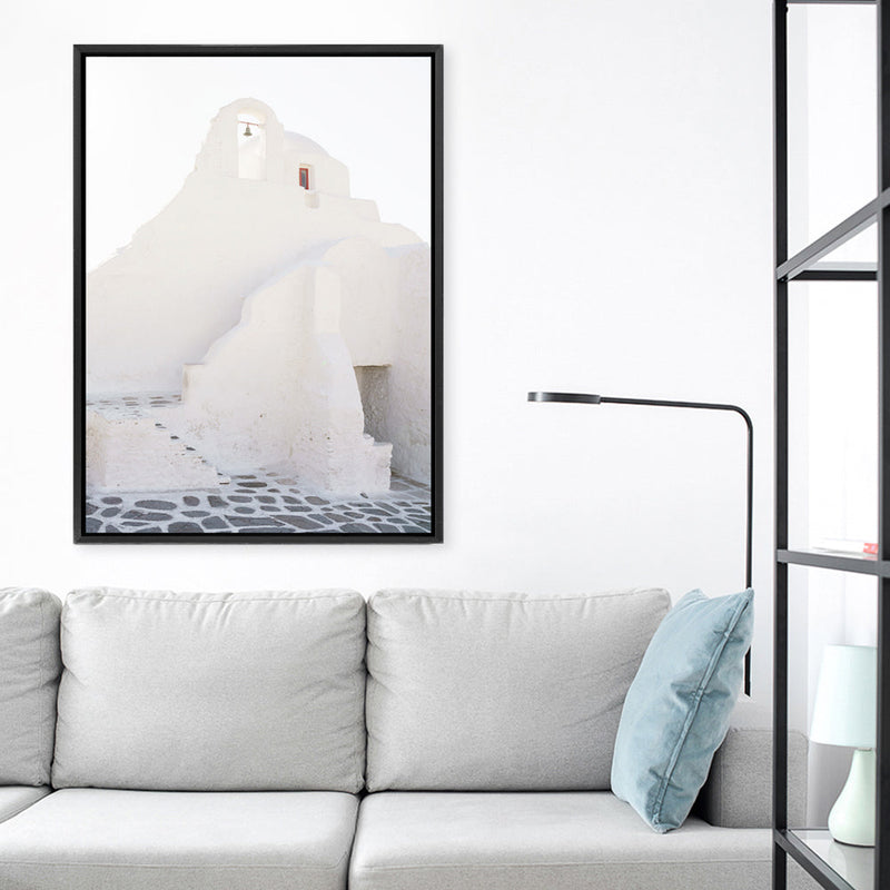 Shop Mykonos White Church Photo Canvas Print a coastal themed photography framed stretched canvas print from The Print Emporium wall artwork collection - Buy Australian made prints for the home and your interior decor space, TPE-1344-CA-35X46-NF