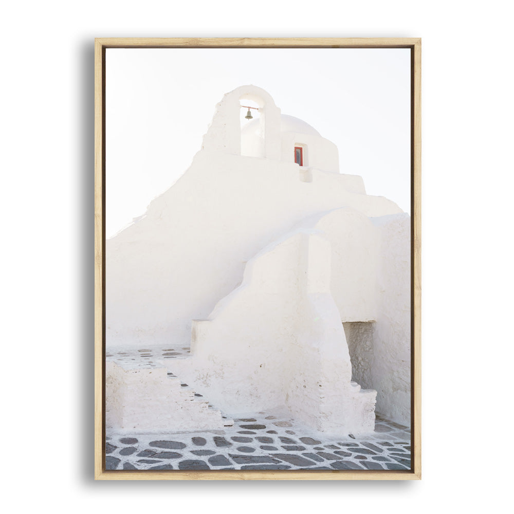 Shop Mykonos White Church Photo Canvas Print a coastal themed photography framed stretched canvas print from The Print Emporium wall artwork collection - Buy Australian made prints for the home and your interior decor space, TPE-1344-CA-35X46-NF