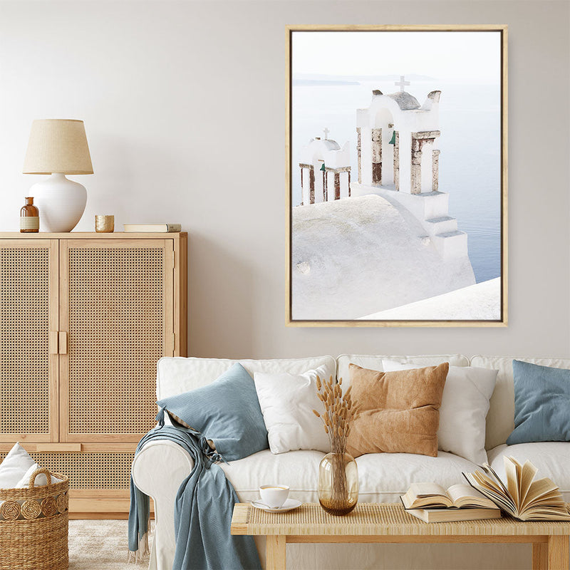Shop Oia Bells II Photo Canvas Print a coastal themed photography framed stretched canvas print from The Print Emporium wall artwork collection - Buy Australian made prints for the home and your interior decor space, TPE-1343-CA-35X46-NF