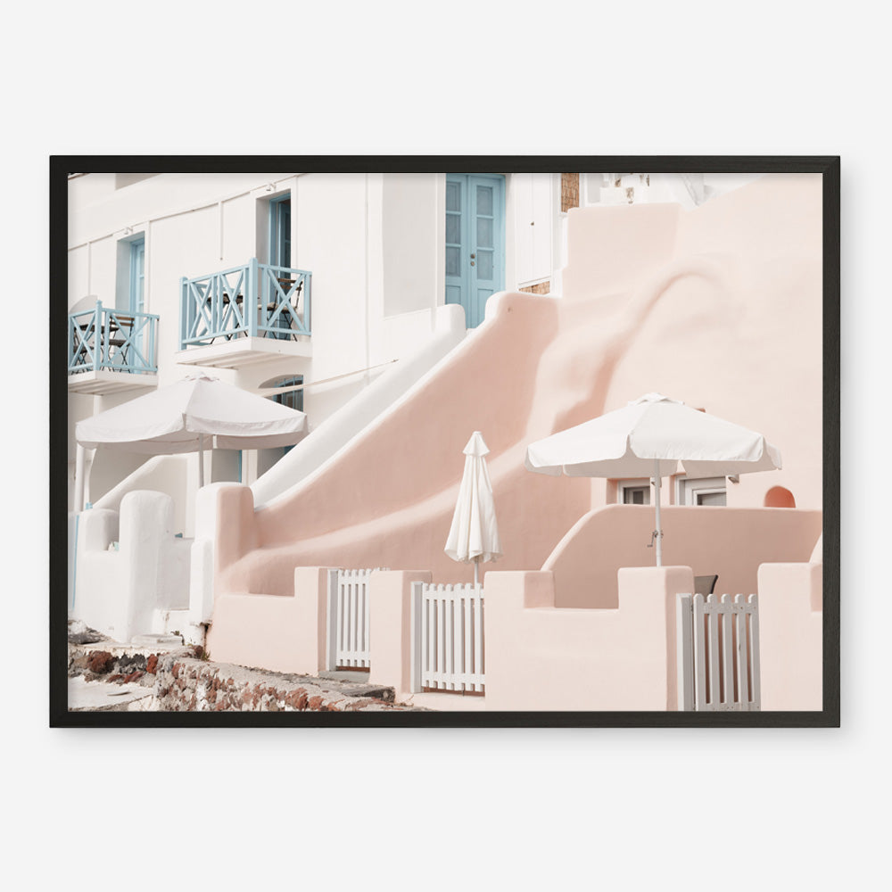 Shop Oia Rose Pink Villa I Photo Art Print a photography wall art print from The Print Emporium wall artwork collection - Buy Australian made fine art poster and framed prints for the home and your interior decor room, TPE-1360-AP