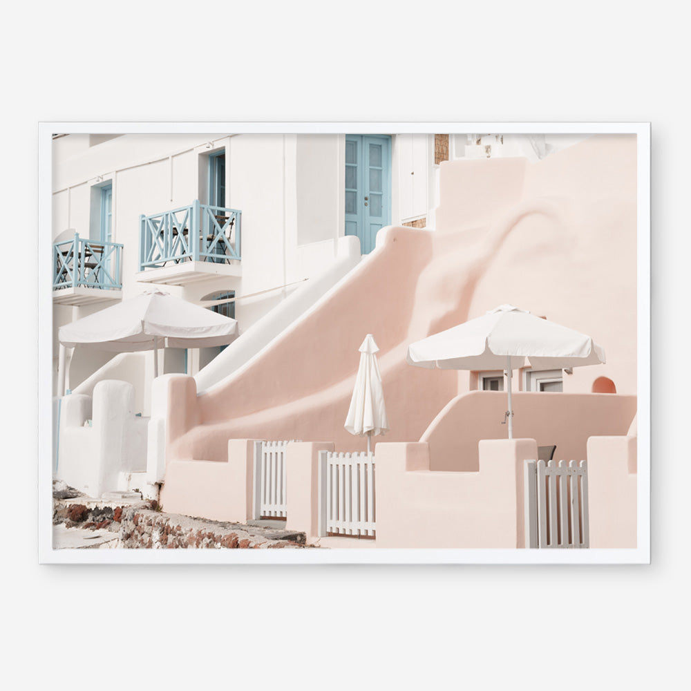Shop Oia Rose Pink Villa I Photo Art Print a photography wall art print from The Print Emporium wall artwork collection - Buy Australian made fine art poster and framed prints for the home and your interior decor room, TPE-1360-AP
