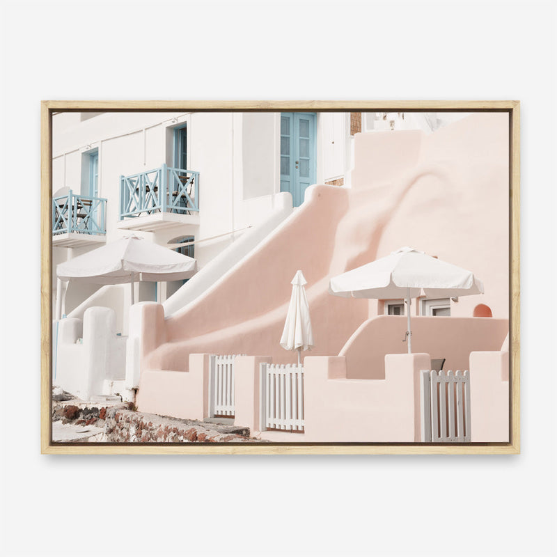 Shop Oia Rose Pink Villa I Photo Canvas Print a photography framed stretched canvas print from The Print Emporium wall artwork collection - Buy Australian made prints for the home and your interior decor space, TPE-1360-CA-35X46-NF