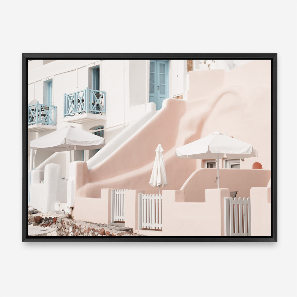Shop Oia Rose Pink Villa I Photo Canvas Print a photography framed stretched canvas print from The Print Emporium wall artwork collection - Buy Australian made prints for the home and your interior decor space, TPE-1360-CA-35X46-NF