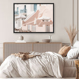 Shop Oia Rose Pink Villa I Photo Canvas Print a photography framed stretched canvas print from The Print Emporium wall artwork collection - Buy Australian made prints for the home and your interior decor space, TPE-1360-CA-35X46-NF