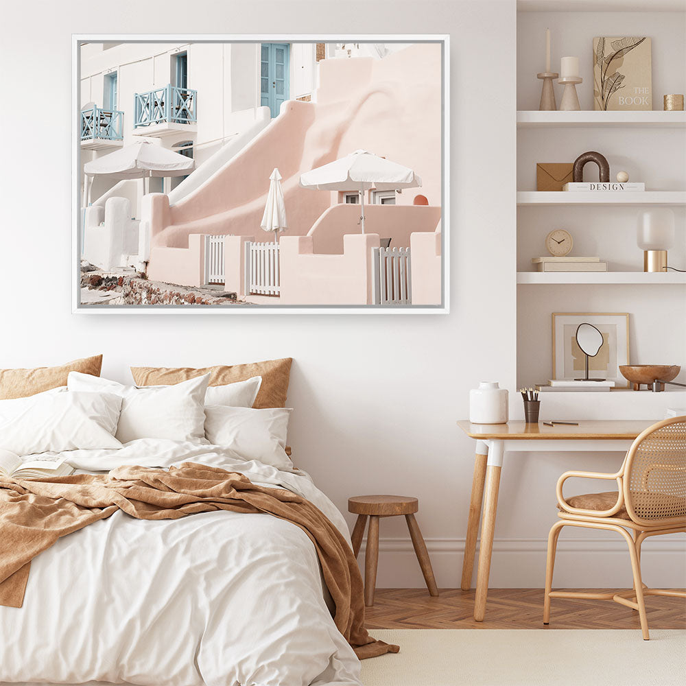 Shop Oia Rose Pink Villa I Photo Canvas Print a photography framed stretched canvas print from The Print Emporium wall artwork collection - Buy Australian made prints for the home and your interior decor space, TPE-1360-CA-35X46-NF