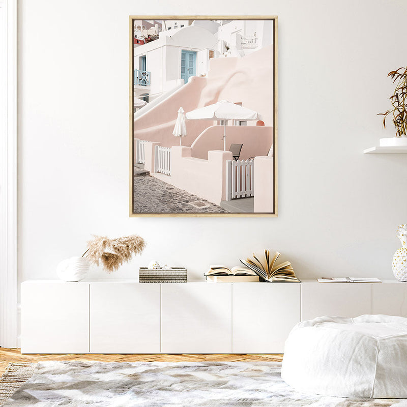 Shop Oia Rose Pink Villa II Photo Canvas Print a photography framed stretched canvas print from The Print Emporium wall artwork collection - Buy Australian made prints for the home and your interior decor space, TPE-1361-CA-35X46-NF