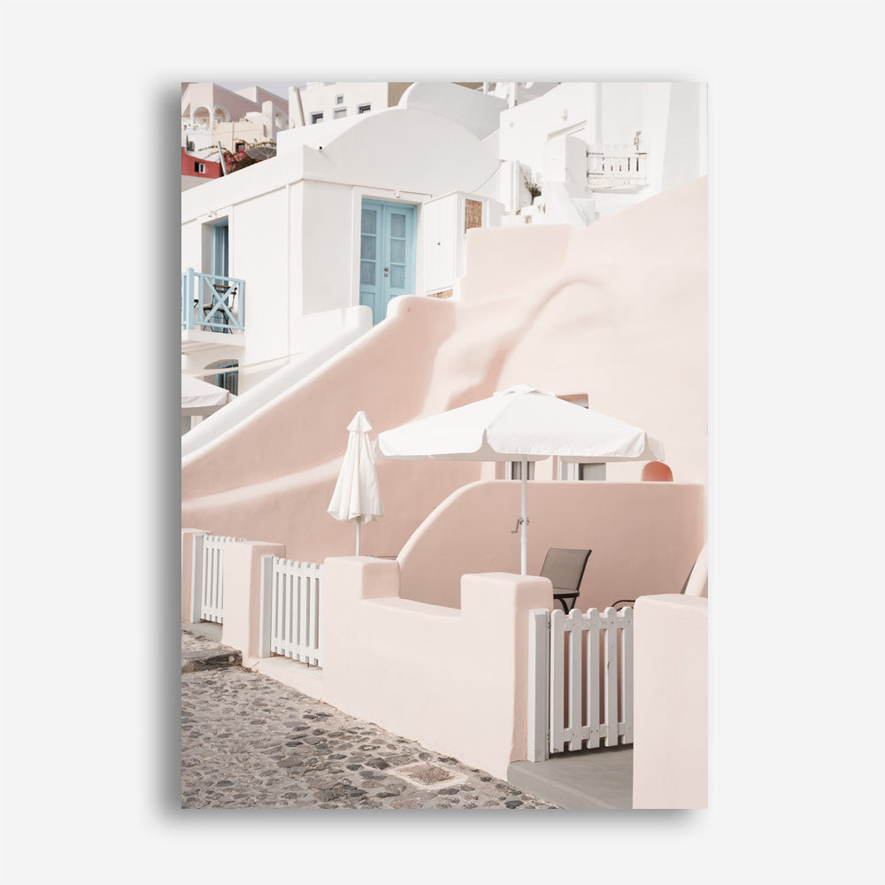 Shop Oia Rose Pink Villa II Photo Canvas Print a photography framed stretched canvas print from The Print Emporium wall artwork collection - Buy Australian made prints for the home and your interior decor space, TPE-1361-CA-35X46-NF
