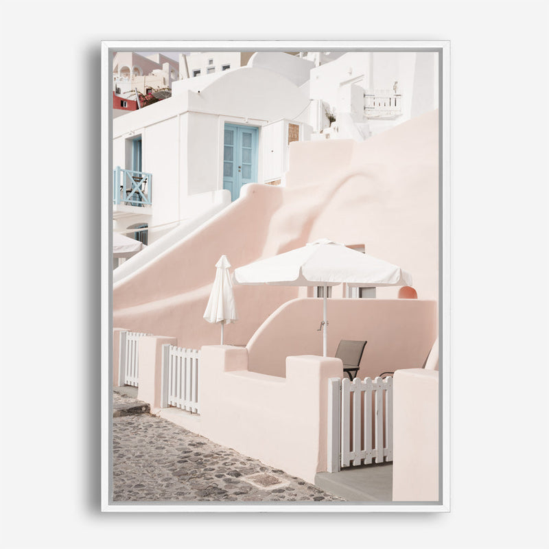 Shop Oia Rose Pink Villa II Photo Canvas Print a photography framed stretched canvas print from The Print Emporium wall artwork collection - Buy Australian made prints for the home and your interior decor space, TPE-1361-CA-35X46-NF