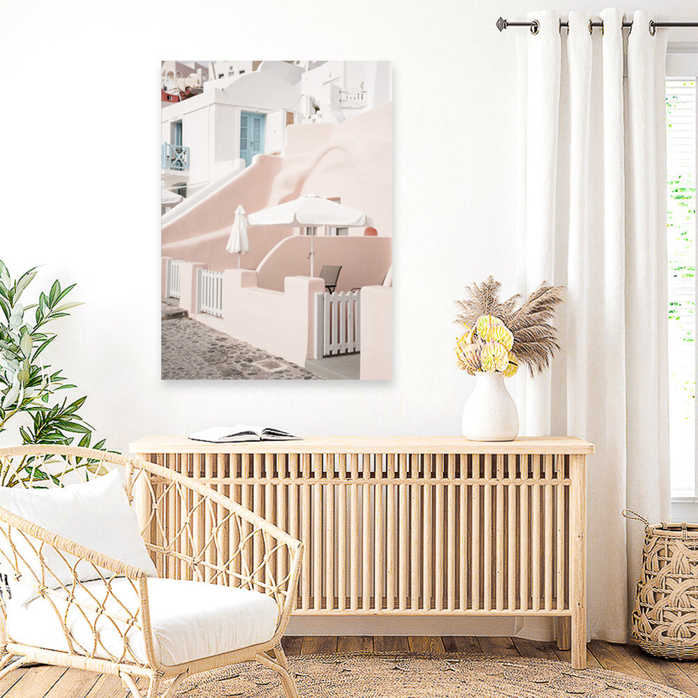 Shop Oia Rose Pink Villa II Photo Canvas Print a photography framed stretched canvas print from The Print Emporium wall artwork collection - Buy Australian made prints for the home and your interior decor space, TPE-1361-CA-35X46-NF